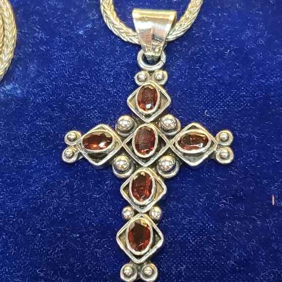 Sterling Silver Ornate Garnet Cross Necklace - Picture 13 of 16